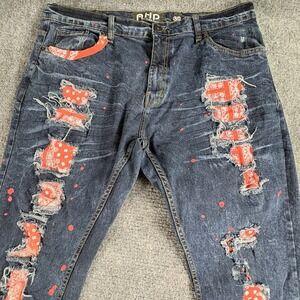 AHP Distressed Bandana Patch Jeans Men 38x31 Red Paint Splatter Streetwear Punk